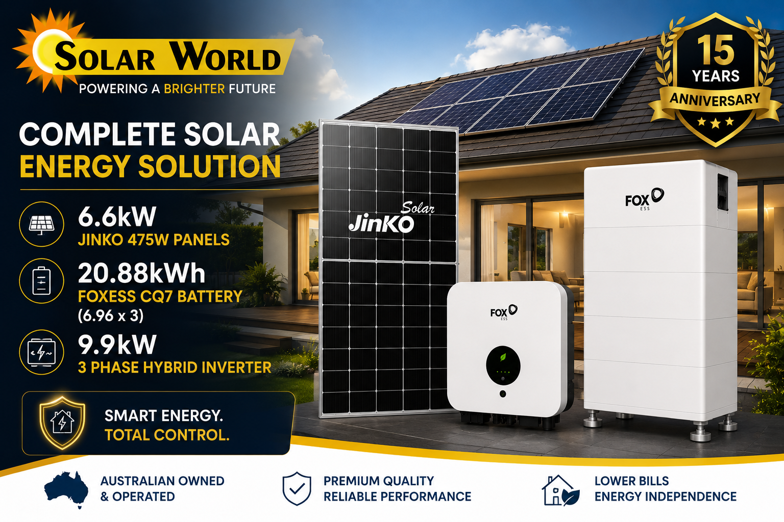6.6kw Jinko 475w + 20.88 Kw Foxess CQ7 Battery(6.96 x3) + 9.9KW Hybrid inverter 3 phase