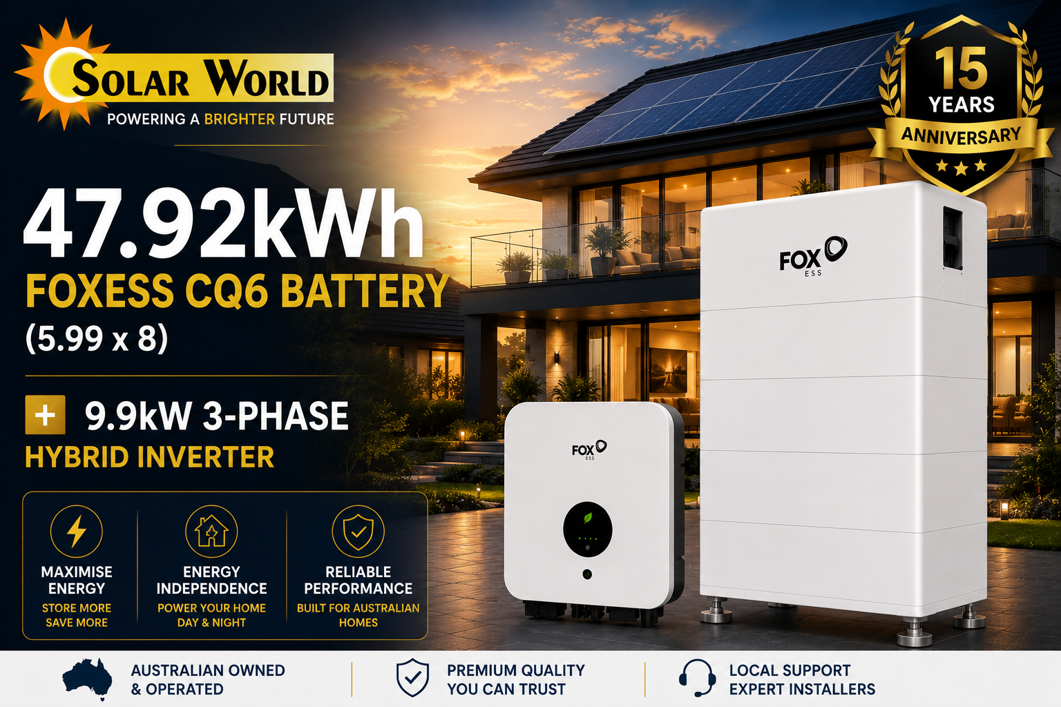 47.92 Kw Foxess CQ6 Battery (5.99 x 8) + 9.9kw 3 Phase Hybrid Inverter